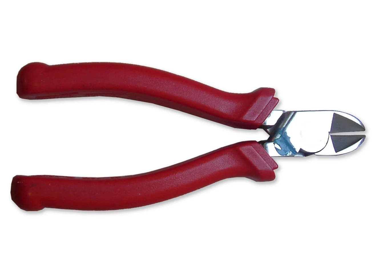 A pair of side cutters with red plastic handles and short angled steel jaws, photographed on a plain white background