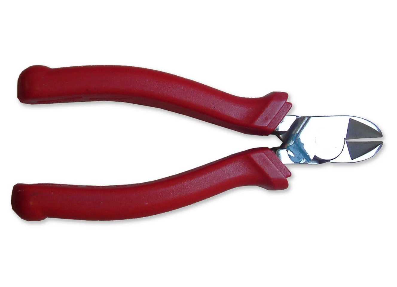 A pair of side cutters with red plastic handles and short angled steel jaws on a white background